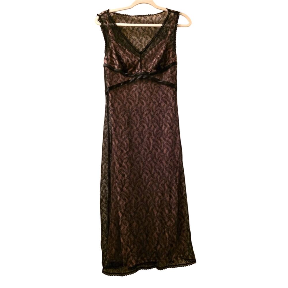 Vtg Y2K Black Lace Midi Sheath Dress Sleeveless 7/8 Babydoll Sheer Cocktail LBD